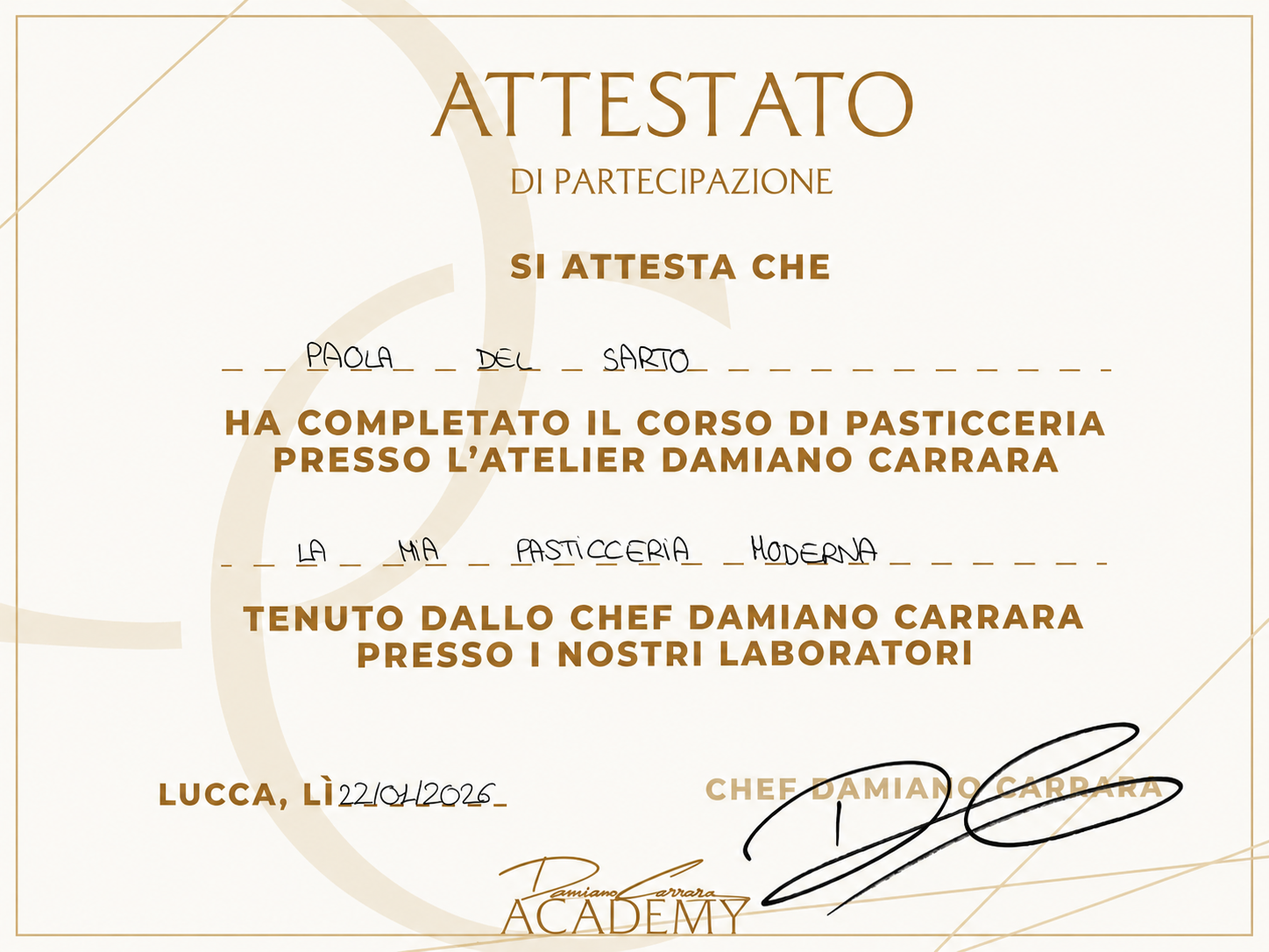 Certificato di pasticceria — Damiano Carrara Academy